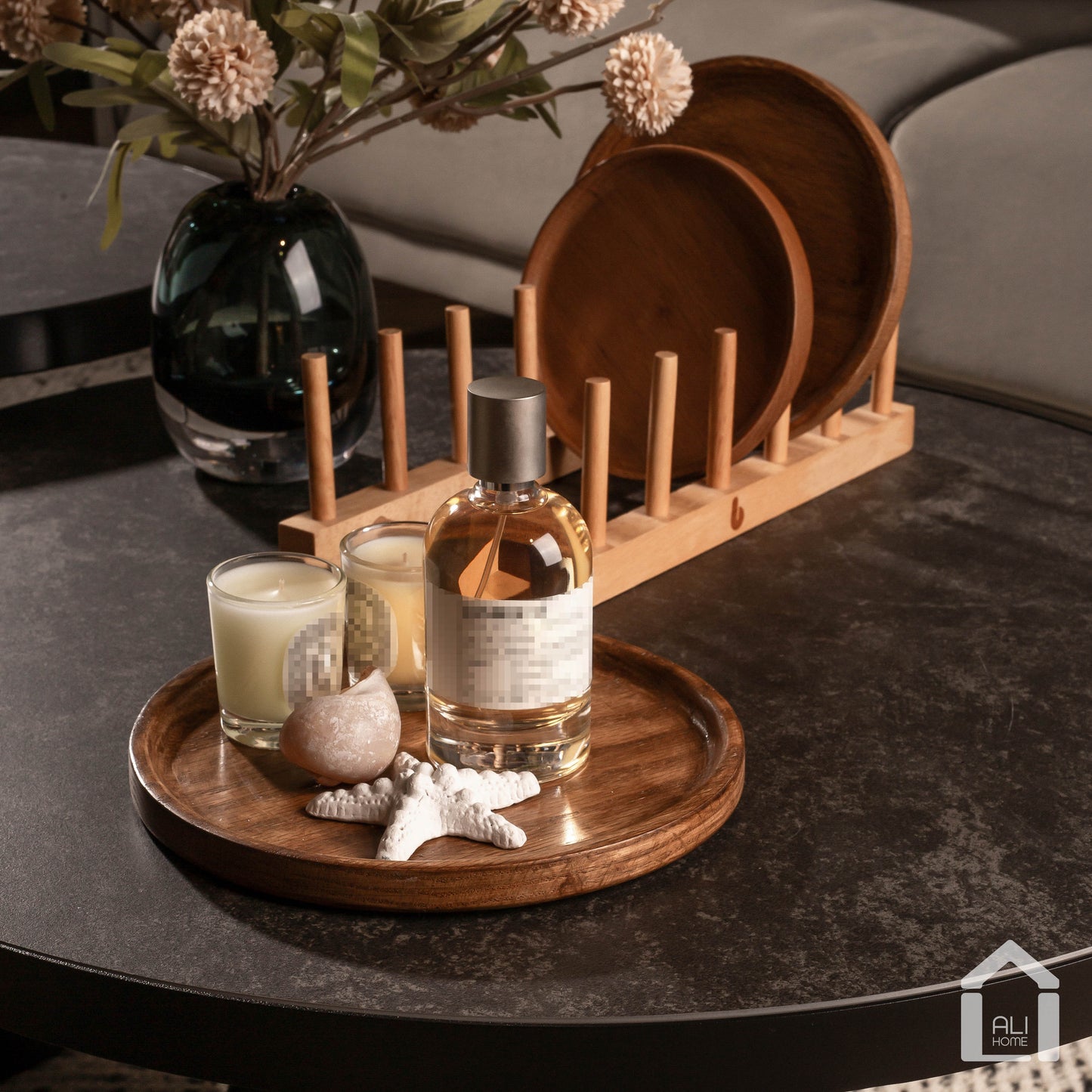 ALIHOME® Dark Oak Round Decorative Tray | Perfume/Candle Holder | Set of 3