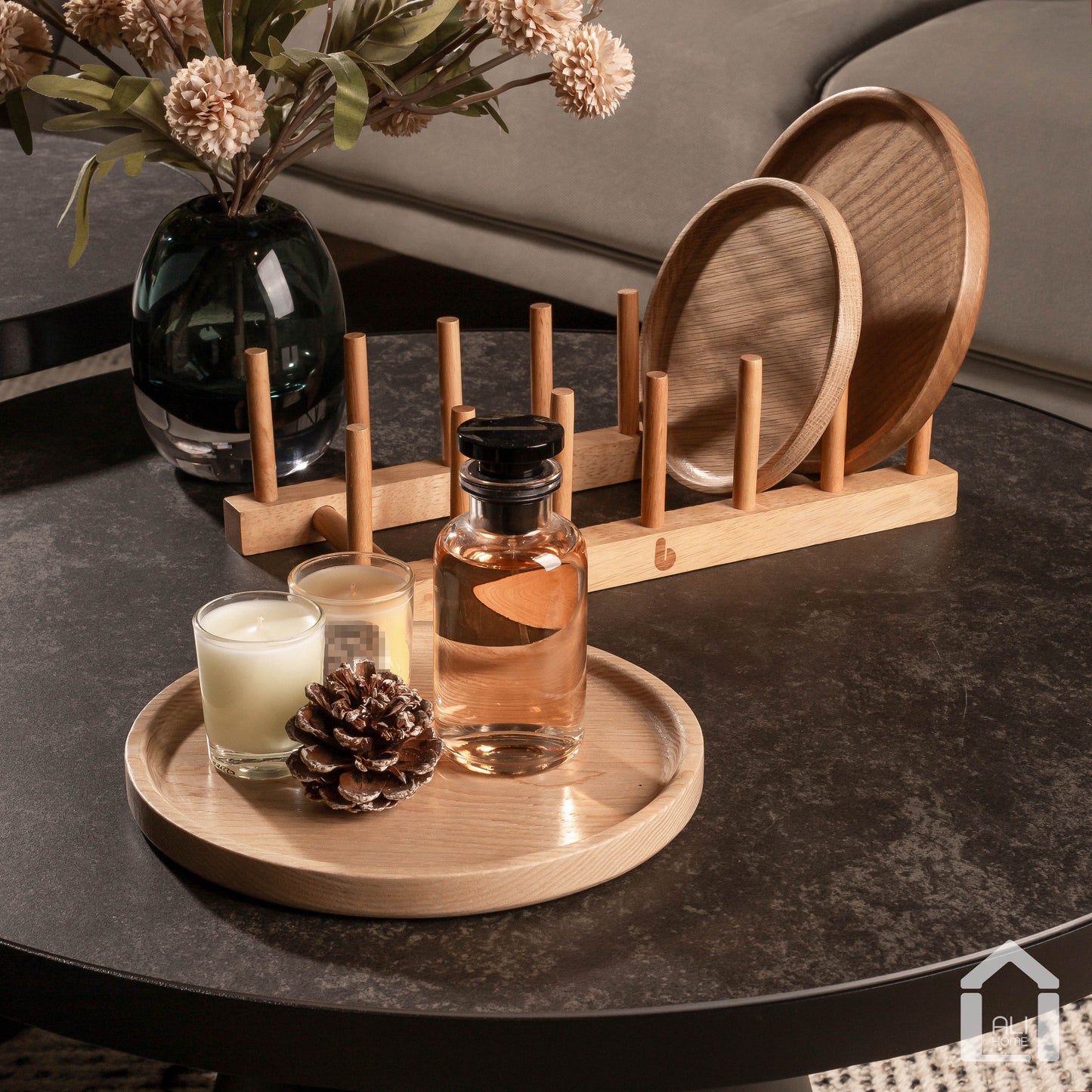 ALIHOME® Oak Round Decorative Tray | Perfume/Candle Holder | Set of 3