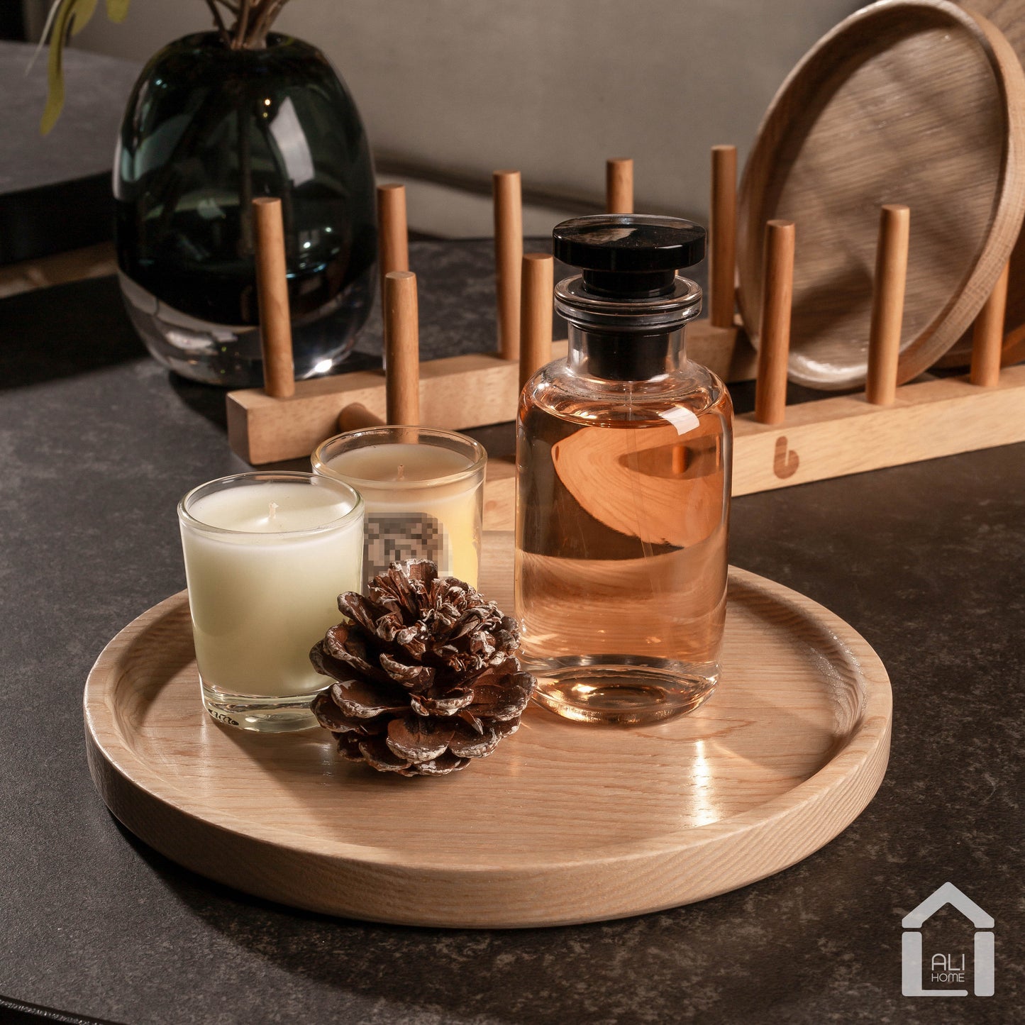 ALIHOME® Oak Round Decorative Tray | Perfume/Candle Holder | Set of 3