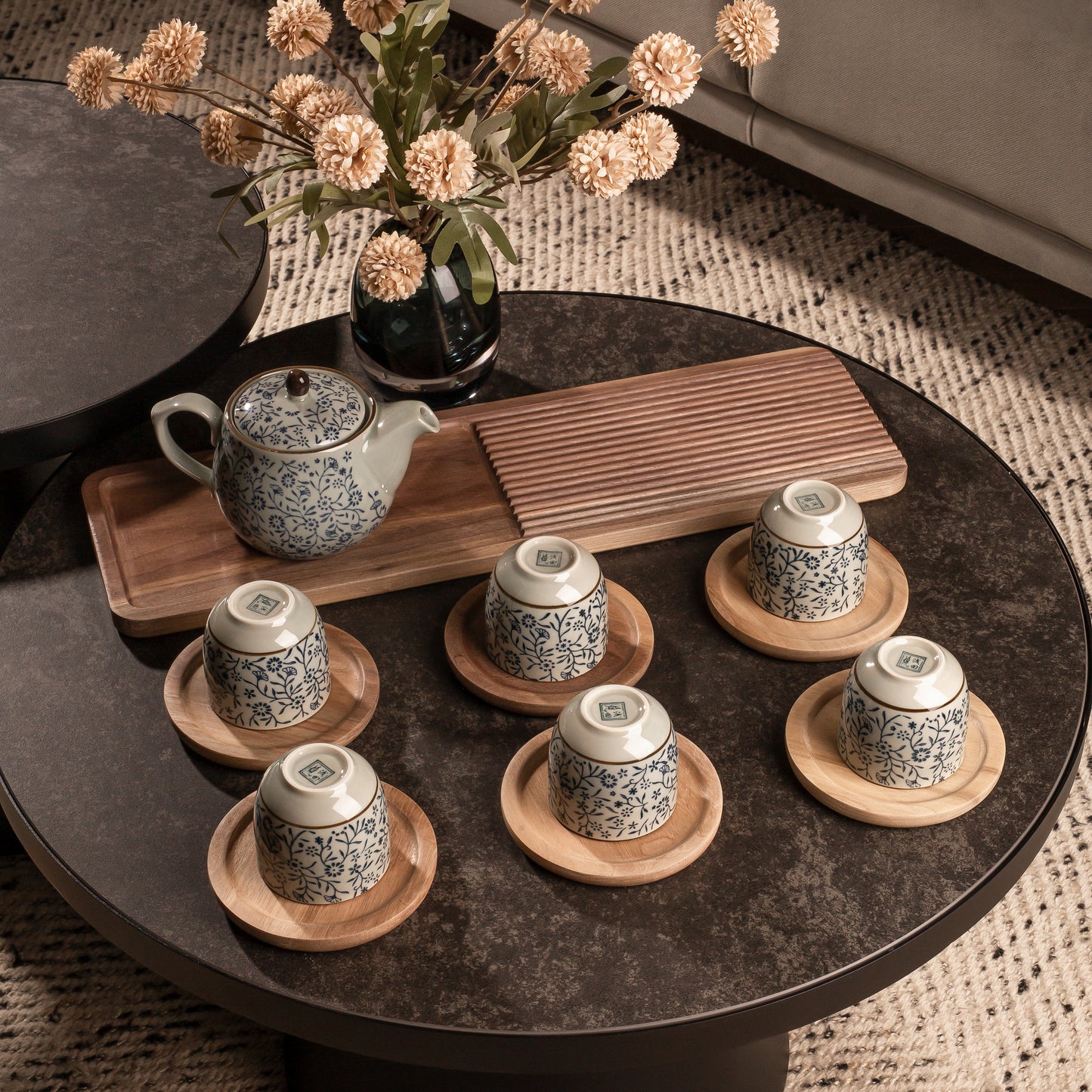 ALIHOME® Combo Teapot & Teacup Tray | Walnut