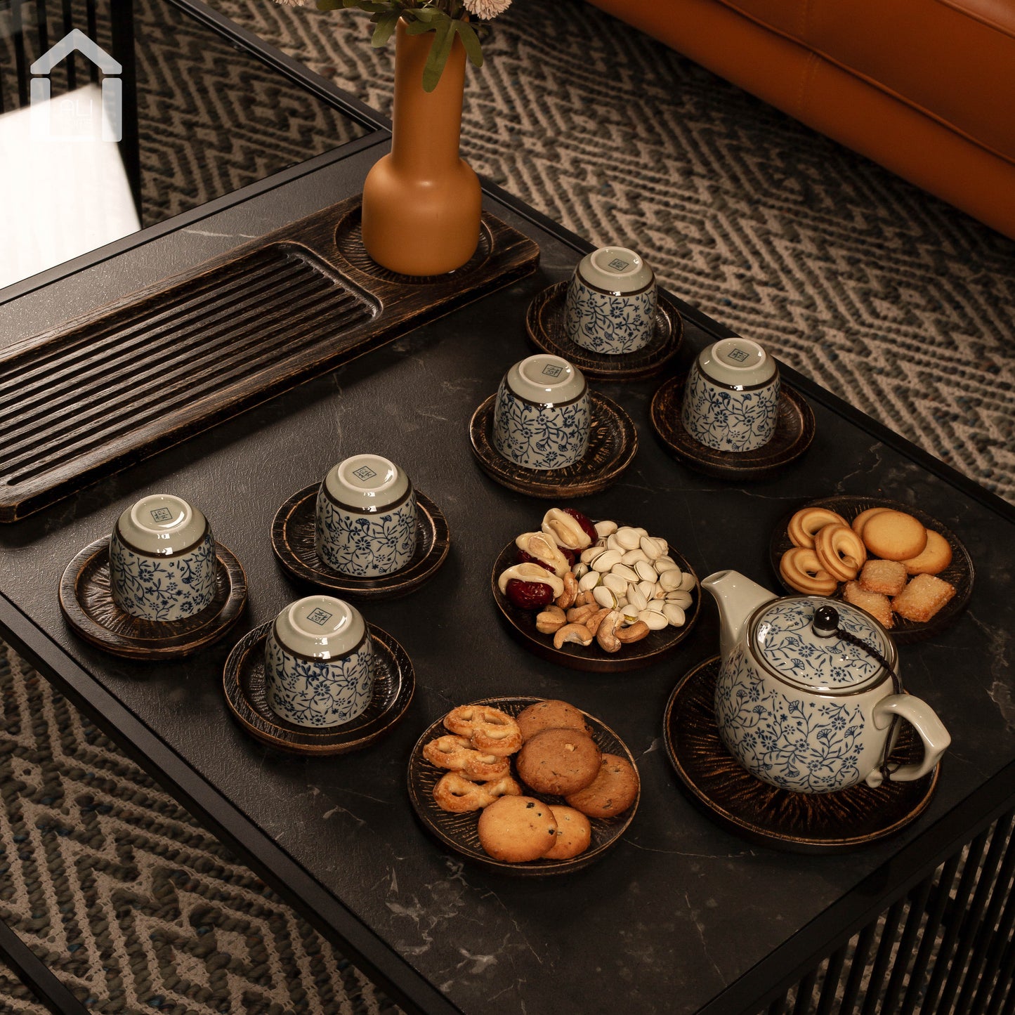 ALIHOME® Dark Rectangle Teapot & Cup Tray | Oak | KTCN01CD-26